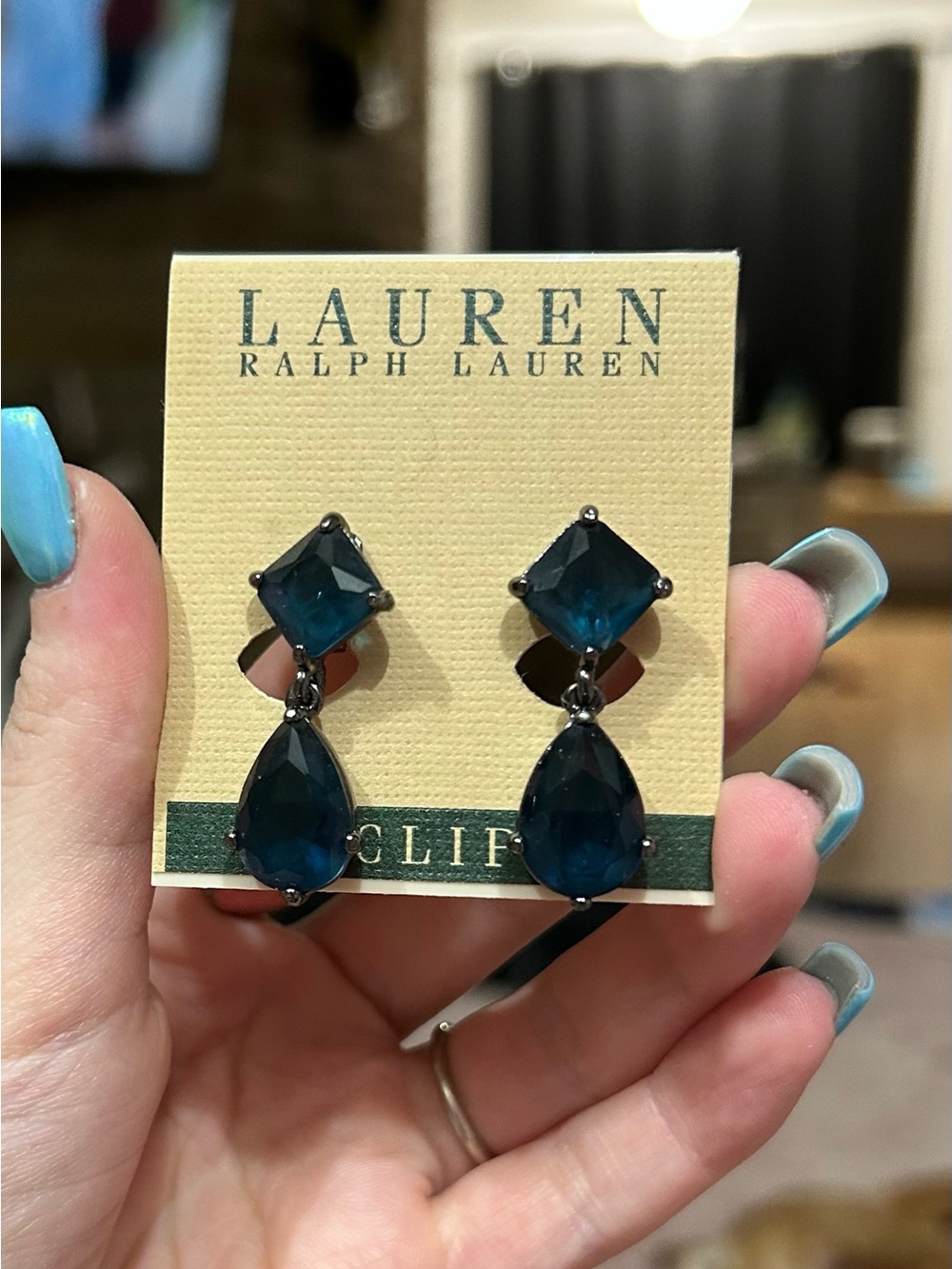 Lauren Ralph Lauren Deep Blue Faceted Teardrop Clip-On Earrings